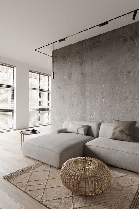 White Contemporary Interior, Gray Apartment, Concrete Interiors, Stylish Interior Design, Exposed Brick Walls, Interior Design Architecture, Contemporary Interior Design, Living Room Grey, Contemporary Living