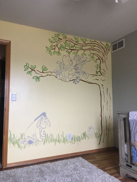 Winnie The Pooh Nursery Mural, Pooh Nursery, Baby Nursery Inspiration, Winnie The Pooh Nursery, Wood Nursery, Baby Room Themes, Disney Baby Shower, Nursery Mural, Disney Nursery