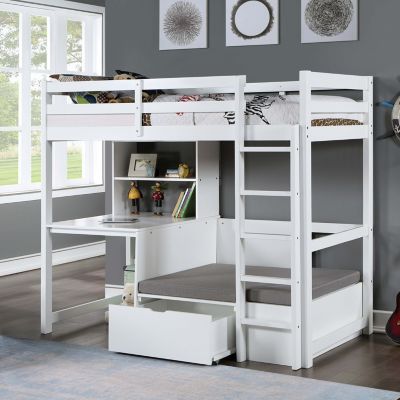 This loft bunk bed is a multifunctional and space-saving solution perfect for any bedroom. The top bunk offers a secure sleeping area with safety rails for a restful night's sleep, while the space below is thoughtfully designed for maximum utility. It features a cozy nook for relaxation, a dedicated desk for studying or computer use, and a bottom drawer to help keep the bedroom clutter-free. | Furniture of America Hessler Youth Loft Bunk Bed, White Loft Bunk Bed, Loft Bunk, White Bunk Beds, Loft Bunk Beds, Twin Size Loft Bed, Twin Size Bed Frame, Youth Furniture, Twin Loft Bed, Top Bunk