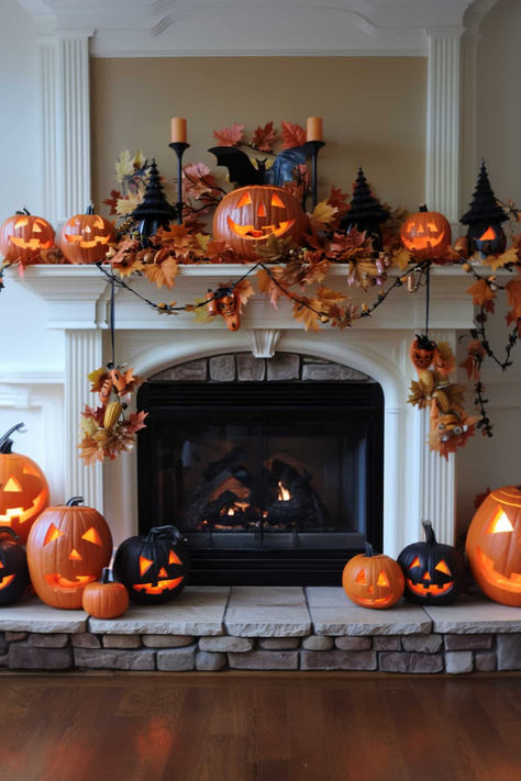 39 Halloween Mantel Decor Ideas To Spookify Your Space Halloween Mantels Fireplaces, Halloween Fireplace Decor Pumpkins, Mantel Decorating Ideas Halloween, October Fireplace Decor, Hall Halloween Decorations, Halloween Decor For Fireplace, The Great Pumpkin Decorations, Fireplace Halloween Decor Mantel Ideas, Fireplace Decor Halloween