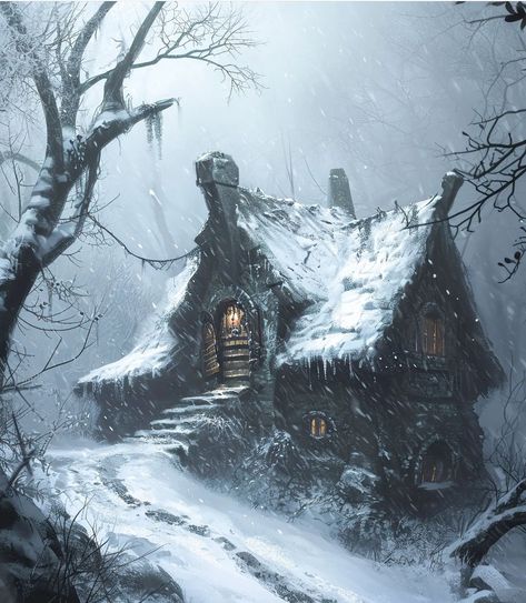 Fantasy Cabin, Witch Hut, Witches House, Heavy Snowfall, Abstract Art Images, Creepy Houses, Snow Forest, Snow Art, Fantasy Forest