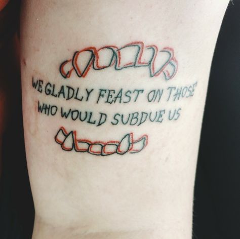 Addams family motto tattoo, English translation. Black and red design. Done by AJ at Ink and Steel tattoo! Addams Family Tattoo Flash, Addams Family Tattoo Small, Thing Tattoo Addams Family, Addams Family Tattoo Ideas, Spooky Couple Tattoos, Addams Family Tattoos, Wednesday Addams Tattoo Ideas, Morticia Tattoo, Adams Family Tattoo