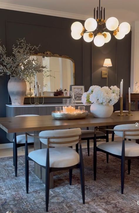 Dining Table And Living Room Combo, Dining Table Inspo Decor, Neutral Dining Room With Black Accents, Modern Lux Dining Room, Black Dining Table Centerpiece, Circle Dinner Table, Black Dining Table Decor Ideas, Grey Dining Room Ideas, 6 Person Dining Table