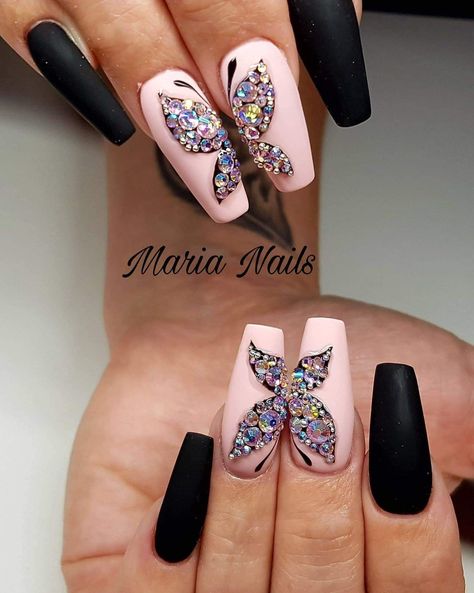 Butterfly Nails With Rhinestones, Butterfly Bling Nails, Nails Butterfly Design, Butterfly Nails Acrylics, Cute Butterfly Nails, Butterfly Nails Design, Butterfly Nail Art Designs, Butterfly Nail Design, Butterflies Nails