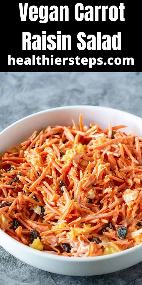 Vegan Carrot Raisin Salad is packed with flavor, shredded carrot, raisins, pineapple chunks with vegan mayonnaise. Its the perfect salad for picnics, cookout or potlucks, everyone will love it Shredded Carrot Recipe, Salads For Picnics, Raisin Salad, Carrot Raisin Salad, Carrot Salad Recipes, Vegan Coleslaw, Daily Dozen, Perfect Salad, Pineapple Chunks