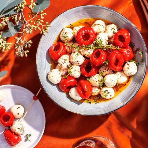 Marinated Mozzarella Balls With Peppadews Recipe | Bon Appétit Marinated Mozzarella And Peppadew Peppers, Marinated Mozzarella Balls, Marinated Mozzarella, Peppadew Peppers, Marinated Cheese, Fresh Salsa Recipe, Evening Cocktails, Mozzarella Balls, Antipasto Platter