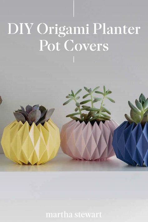 Easily make one of these origami planter pots covers with a few supplies like pretty cardstock and our printable origami planter cover template. Follow our step-by-step directions to this easy gardening DIY along with other simple craft ideas. #marthastewart #crafts #diyideas #easycrafts #tutorials #hobby Fruit Craft Ideas, Printable Origami, Paper Fruit, Planter Cover, Fruit Crafts, Cardstock Crafts, Wall Art Tutorial, Ornamental Cabbage, Easy Gardening