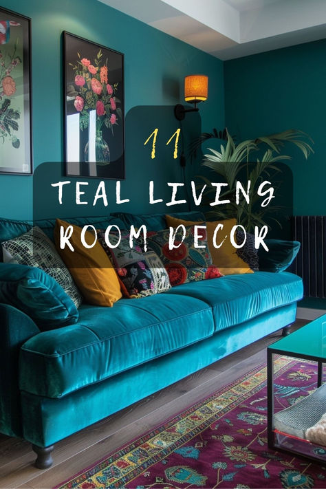 Love teal? Discover 11 stunning living room decor ideas that incorporate teal beautifully. Click to get inspired! 🛋️✨ #HomeDecor #LivingRoom #TealDecor #InteriorDesign #StyleInspo Cognac And Teal Living Room, Teal Couch Decor, Bright Coloured Living Room, Colorful Living Room Blue Couch, Teal And Navy Living Room, Teal Living Room Walls, Teal Sofa Living Room Ideas, Teal Blue Sofa Living Room Ideas, Teal Velvet Sofa Living Room