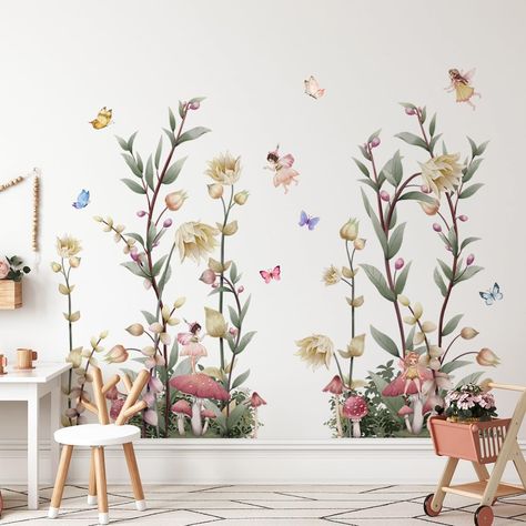 Mushroom Room Decor, Boho Flower Wall, Wildflower Wall, Fairy Mushroom, Removable Wall Art, Kids Room Wall Stickers, Floral Wall Decals, Butterfly Wall Decals, Bedroom Corner