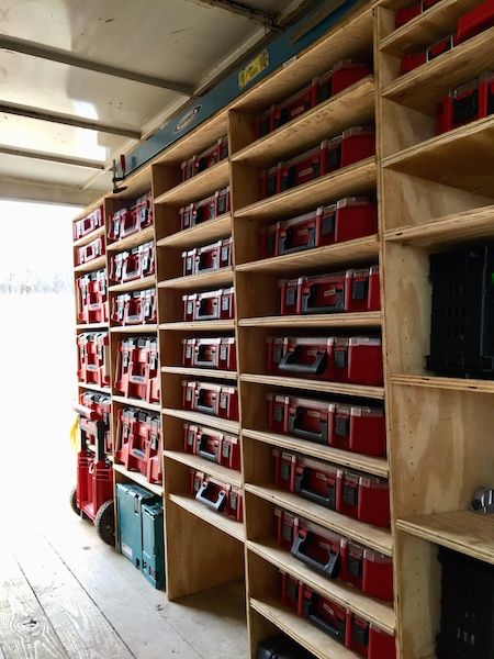 Tool Trailer Organization, Enclosed Trailer Cabinets, Trailer Shelving, Work Truck Organization, Construction Trailer, Work Truck Storage, Milwaukee Tool Box, Tool Trailer, Modular Shelves