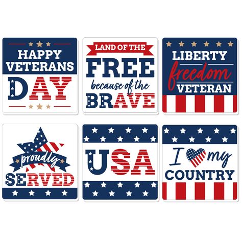 PRICES MAY VARY. Happy Veterans Day Coasters INCLUDE 6 sturdy and professionally printed single-sided Drink Coasters. Protect your table or desk with patriotic Coasters. DRINK COASTER SET: This set of 6 Coasters has a different patriotic saying for each coaster including Happy Veterans Day, Land of the Free because of the Brave, Liberty Freedom Veteran, Proudly Served, USA and I Heart My Country. Use the Coasters for hot/cold drinks to protect furniture and tabletops from drips, spills, and cond Coasters Drink, Talk Bubble, Happy Veterans Day, Drink Marker, Patriotic Crafts, Patriotic Party, Short Layered, Housewarming Present, Big Dot Of Happiness