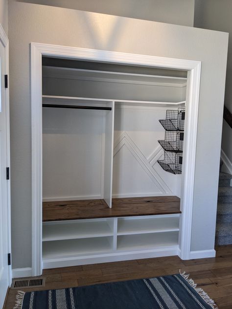 Entry Closet Makeover, Front Hall Closet, Mudroom Closet, Front Closet, Mudroom Bench With Storage, Entry Closet, Entryway Closet, Hallway Closet, Mudroom Bench Ideas