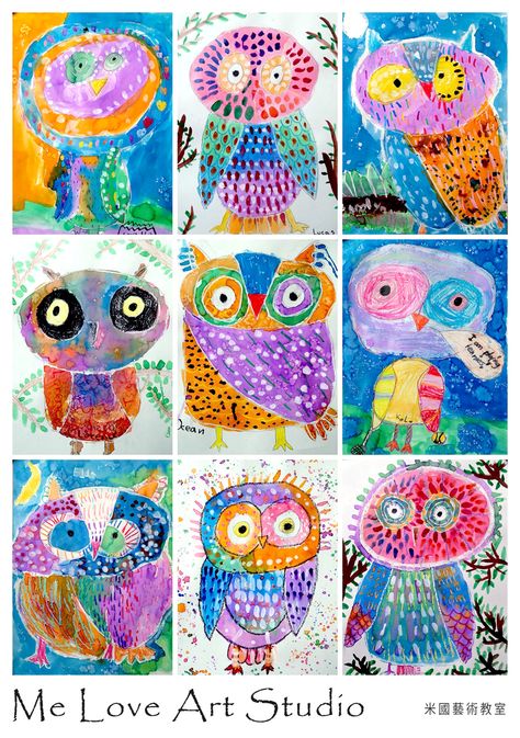 Me Love Art Studio《米國藝術》: Owl - Inspired by Jessica Breakwell Owl Art Elementary, Grade 6 Art Lessons, Owl Art Projects For Kids, Kindergarten Art Lessons, Fall Owl, Owl Kids, Art Education Lessons, Jr Art, Kids Art Class