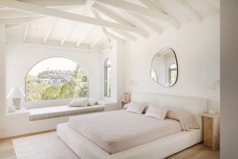 White And Pink Bedroom, Dulux White, Stone Side Table, Small Ensuite, Three Birds Renovations, Linen Sheet Sets, Three Birds, Travertine Stone, Luxurious Bedroom