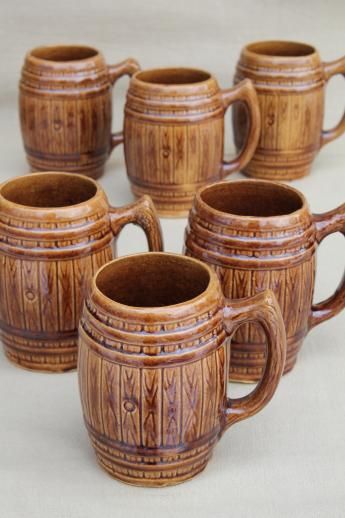 vintage stoneware pottery old oaken barrel tankards, beer steins or cider mugs Beer Bar Design, Clay Beer Stein, Tavern Mug, Pottery Beer Mugs, Beer Stein Pottery, Ceramic Beer Stein, Beer Illustration, Beer Barrel, Beer Cup