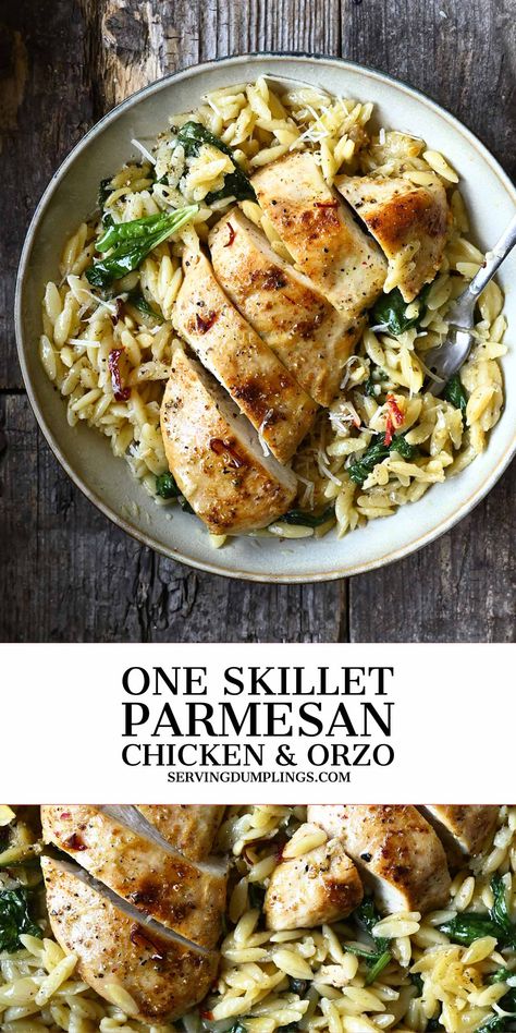 One Skillet Parmesan Chicken and Orzo - Serving Dumplings Wholesome Chicken Dinner, Chicken Breast And Orzo Recipes, Lunch Ideas For Entertaining Friends, Chicken And Orzo Recipes, Dumplings Recipe Chicken, One Pan Dinners Chicken, One Pan Chicken Dinner, Orzo With Chicken, Serving Dumplings