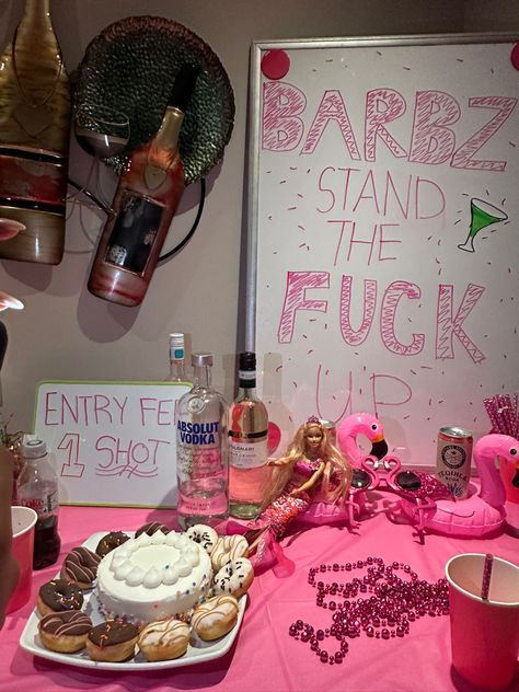 girls night partu theme barbie pink party shots drinking pink decorations Pj Party Games, Barbie Pink Party, Pink Decorations, Board Party, Vision Board Party, Party Shots, Pj Party, Pink Theme, Wine Night