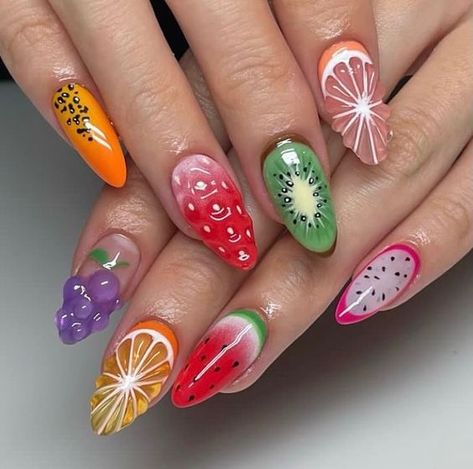 45 Fruit Nails That Are Fun and Fabulous for Spring & Summer! - The Catalog Pastel Fruit Nails, Fruits Nail Art, Fruit Summer Nails, Nails Fruit Design, Fruit Inspired Nails, Fruit Gel Nails, 3d Fruit Nails, Short Fruit Nails, Fruit Nails Short