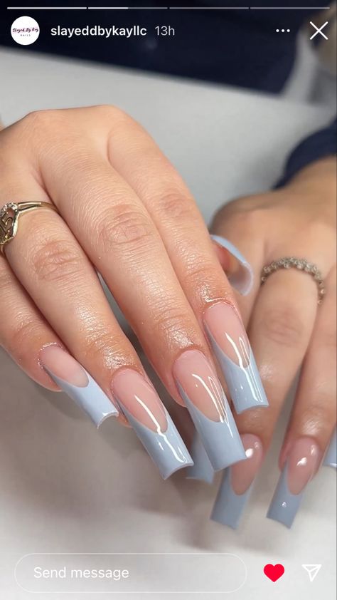 Squared Acrylics Medium Design, Gray Blue French Tip Nails, Blue Grey French Tip Nails, Taper Square Acrylic Nails, Square Nails Light Blue, V Tip French Nails, Acrylic Nails Grey, Gray Nail Ideas Acrylic, Baby Blue French Tip Nails