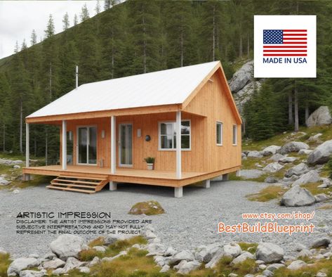 18' X 32' Cabin Tiny House Architectural Blueprint - Etsy Small Hunting Cabin Plans, Off Grid Cabin Floor Plans, 1 Bedroom Cabin Floor Plans, 16x24 Cabin Floor Plans, 12x24 Tiny House Floor Plans, Small Log Home Plans, Cabins Plans, Cabin Hacks, Home Depot Tiny House