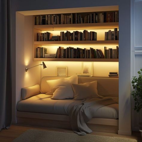 House Ambient Lighting, Reading Area In Bedroom Aesthetic, Cozy Reading Room Aesthetic, Book Corner Ideas Bedroom Cozy Nook Reading Areas, Bedroom Lounge Area Ideas, Bedroom Ideas With Led Lights, Book Corner Ideas, Reading Corner Aesthetic, Library Reading Area