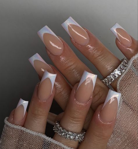 French Nail Designs Chrome, Simple Chrome French Tip Nails, White Crome Nails French, Short French Tip Acrylic Nails Chrome, Acrylic Nails Chrome French Tip, French Nails Chrome Tips, Chrome White Nails French Tip, White French Tip Wedding Nails, Medium Square Acrylic Nails French Tips Glitter