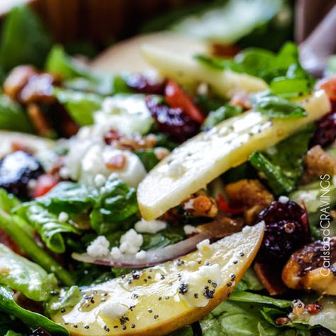 APPLE CRANBERRY BACON CANDIED WALNUT SALAD WITH APPLE POPPY SEED VINAIGRETTE Candied Walnut Salad, Poppy Seed Vinaigrette, Candied Walnuts For Salad, Honey Cheese, Apple Walnut Salad, Christmas Salad Recipes, Apple Salad Recipes, Carlsbad Cravings, Pecan Salad