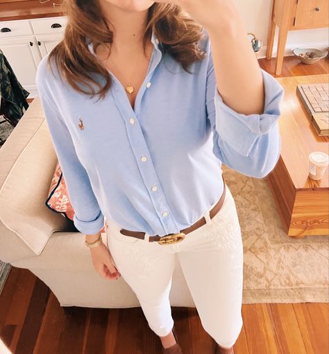 Blue Semi Formal Outfit, Long Sleeves Outfit, Long Sleeve Outfit Women, Sleeves Outfit, Semi Formal Outfit, White Shirt Outfits, Blue Polo Shirt, Blue Polo Shirts, Ivy League