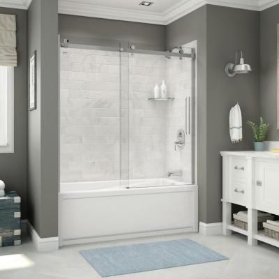 Utile 32 in. x 60 in. x 81 in. Bath and Shower Combo in Marble Carrara with New Town Right Drain, Halo Door Chrome