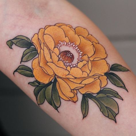 Pianese Flower, Yellow Flower Tattoos, Peony Flower Tattoo, Yellow Tattoo, Peony Flower Tattoos, Yellow Peony, Peony Drawing, Peony Tattoo, Z Tattoo