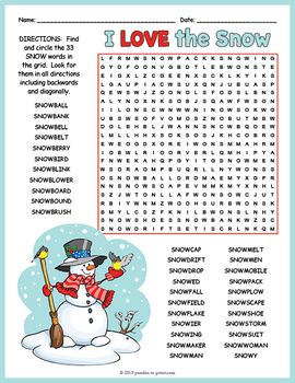 Snow Day Activity - I LOVE the Snow Word Search Puzzle by Puzzles to Print Winter Library Activities, Winter School Activities, January Activities, Winter Words, Word Find, Word Puzzles, Snow Day, Activity Sheets, Winter Fun