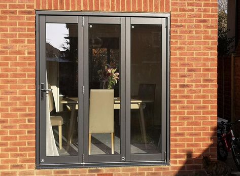 Vufold gallery - Closed Master 1.8M Grey External Bifold Doors Bifold Doors Onto Patio, External Bifold Doors, Wooden Bifold Doors, Bifolding Doors, Old French Doors, Garage Conversion, Room Window, External Doors, Backyard Spaces