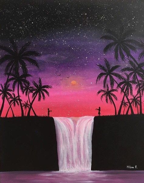 In love but not possible Sunset Tree Silhouette Painting, Acrylic Love Painting Ideas, Love Acrylic Painting Ideas, Easy Painting Designs On Canvas, Dark Color Painting Ideas, In Love Painting Ideas, Pink Purple Sunset Painting, Love In Art Painting, Pink Things To Paint On Canvas