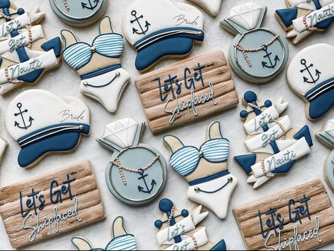 Sailor Bridal Shower Ideas, Party Boat Decorations, Lake Themed Cookies, Last Sail Before The Veil Cookies, Bachelorette On A Boat, Let’s Get Nauti Bachelorette, Anchor Bachelorette Party, Nautical Bachelorette Party Decorations, Lake House Bachelorette Party