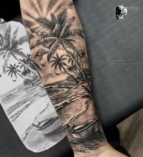 Beach Scene Tattoo, Tropisches Tattoo, Wellen Tattoo, Ocean Sleeve Tattoos, Nautical Tattoo Sleeve, Tree Sleeve Tattoo, Scene Tattoo, Palm Tattoos, Men Tattoos Arm Sleeve