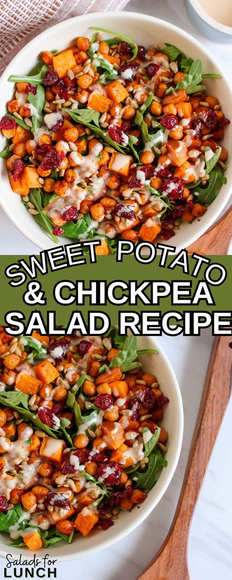 Sweet Potato and Chickpea Salad with Creamy Tahini Dressing Recipe Chickpea And Sweet Potato Salad, Sweet Potato Farro Salad, Lentil Sweet Potato Salad, Chickpea And Sweet Potato Recipes, Sweet Potato Salad Recipe Healthy, Sweet Potato Chickpea Recipes, Can Sweet Potato Recipes, Summer Sweet Potato Recipes, Sweet Potato Salad Cold