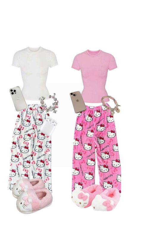 Hello Kitty Pjs Outfit, Matching Pyjamas Couple Aesthetic, Hello Kitty Pajamas Couple, Matching Pjs For Best Friends, Matching Outfits For School, Matching Fits Friends, Matching Pyjamas Friends, Matching Pjs Friends Birthday, Bestie Outfits Matching