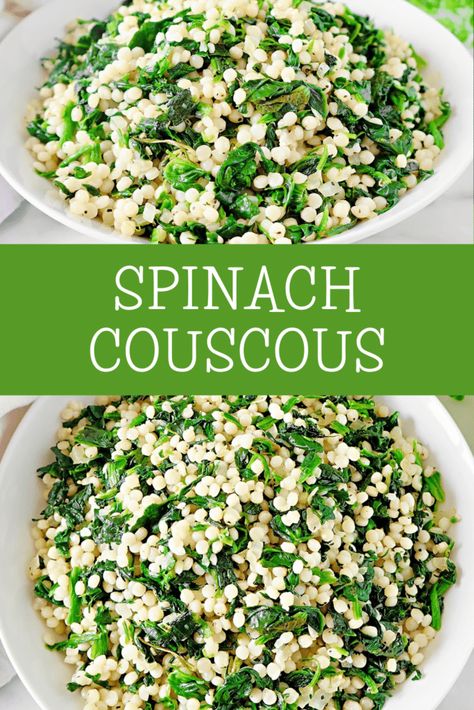 Spinach Couscous ~ An easy and budget-friendly Mediterranean-inspired dish that blends hearty pearl couscous with savory spinach. Spinach And Couscous Recipes, Pearl Couscous Recipes Side Dishes, Couscous Recipes Pearl, Pearled Couscous Recipes, Best Couscous Recipe, Kale Couscous, Spinach Couscous, Mediterranean Vegetarian Recipes, Pearl Couscous Recipes