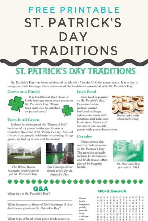 St. Patrick's Day Traditions | While the "wearing of the green" is a popular St. Patrick's Day tradition, there are other traditions as well. Your little laddie can discover other fun parts of this special Irish heritage day with this FREE printable. #free #printables #stpatricksday #holidays #educationdotcom St Patrick Day Worksheets Free Printable, St Patrick’s Day Trivia, St Patricks Day Tradition, St Patrick’s Day Traditions, At Patrick’s Day, St Patricks Day Worksheets, Irish Recipes Traditional, Heritage Day, St Patricks Day Quotes