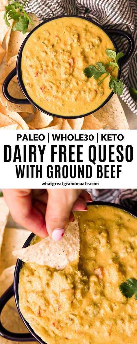 Queso Dip With Ground Beef, Ground Beef Paleo, Dip With Ground Beef, Dairy Free Queso, Dairy Free Keto Recipes, Paleo Appetizers, Whole30 Keto, Queso Dip, Dairy Free Cheese