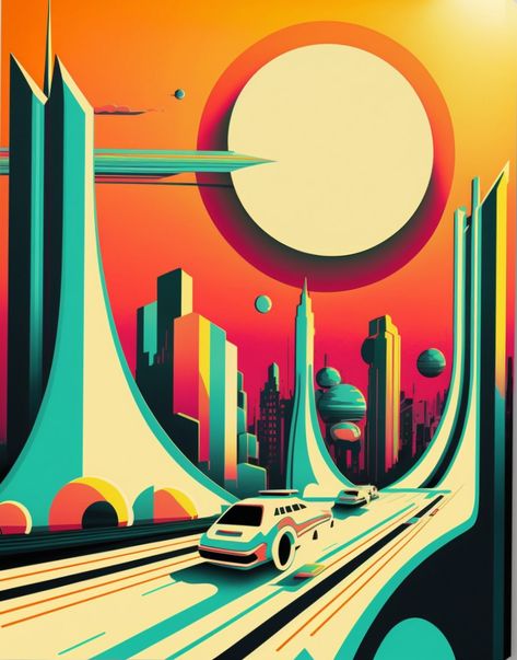 Futuristic Drawing Ideas, Retro Futurism Painting, Futuristic City Concept Art, Retro Futurism Poster, Futuristic Painting Artworks, Casette Futurism Concept Art, Metropolis Concept Art, Futuristic City Illustration, Futurism Poster