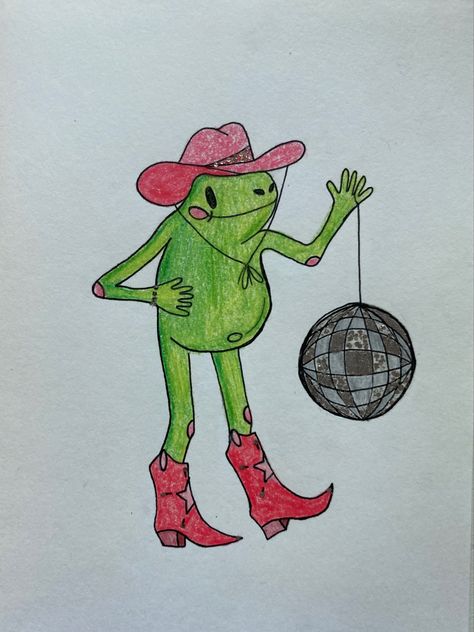 Disco Ball Cowboy Boots, Disco Aesthetic Drawing, Frogs With Hats Drawing, Frog In Cowboy Boots, Cool Frog Drawing, Frog In Cowboy Hat Tattoo, Cute Cowboy Drawing, Cowboy Animals Drawing, Disco Ball Cowboy Hat Tattoo