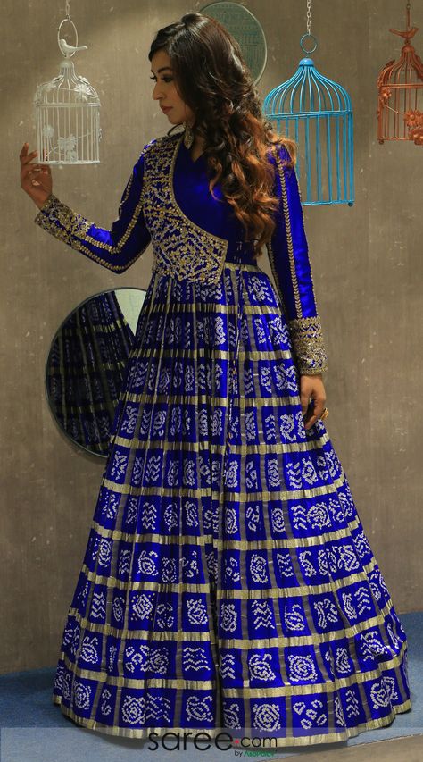 Bandhani Gown Pattern, Bandhej Dresses Indian, Blue Bandhani Dress, Bandhej Gown Designs, Bandhej Lehenga Designs, Bandhej Dress Designs, Bandani Dresses Indian, Bandhej Blouse Designs, Traditional Gown Designs