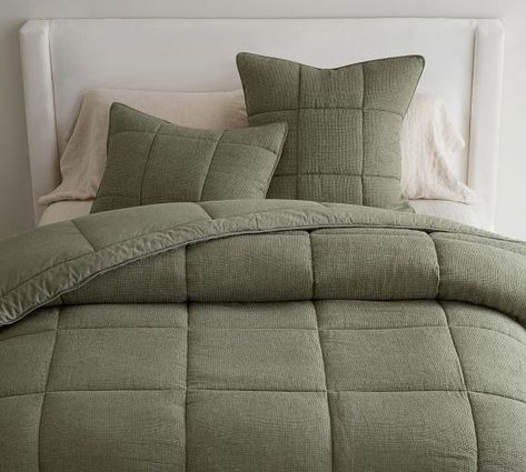 Comforters | Pottery Barn Pottery Barn Green Bedding, Pottery Barn Comforter, Pottery Barn Green, Down Comforters, Colors And Patterns, Green Bedding, Cozy Bedding, The Bedroom, Cozy Bed