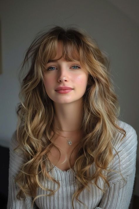 Twisted Elegance: Sophisticated Party Hairstyle Ideas for a Touch of Glamour Shaggy Bangs Wavy Hair, Haircuts For Wavy Curly Hair Long Layered Bangs, Bangs With Long Wavy Hair, Wavy Hair Side Bangs, V Shaped Layered Hair, Vintage Long Hair, Zicxa Photos, Wavy Blonde Hair, Sophisticated Party