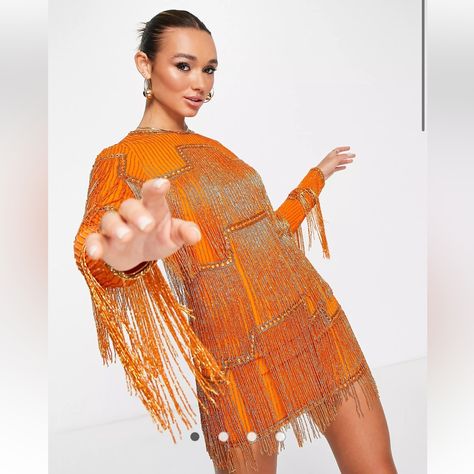 Asos Design Embellished Shift Mini Dress With Beaded Fringe In Orange Nwt Sold Out Online! 70s Shimmer Dress, Tassels Dress Party, 70' Party Dress, Long Sleeve Sequin Fringe Dress, Fringe Dress Sleeves, Fringed Dresses Party, All Fringe Dress, Disco Dress Pregnant, Gatsby Fringe Dress