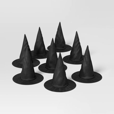 Give your Halloween display a bewitching look with this 8-Count Witch Hats Halloween Decor Kit from Hyde & EEK! Boutique™. This Halloween decor kit is a collection of eight pointed witch hats made of fabric in solid black. Offering endless decorating possibilities, you can use these classic hats to cast a magical spell over your entire house - hang them from the ceiling with invisible string, place them on your mantelpiece or bookshelf, arrange them along your staircase, or use them as centerpie Black Witch Hat Decor, Blending Fall And Halloween Decor, Five Below Halloween Decor, Witch Halloween Party Decorations, Pretty Halloween Decorations, Floating Witch, Hanging Party Decorations, Hocus Pocus Halloween Decor, Witch Halloween Decor