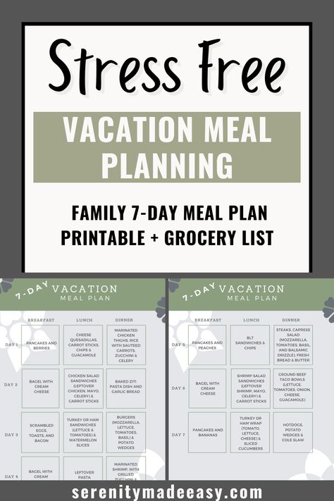 I love vacations, but I don't like eating out 3 times per day for an entire week. However, I also don't want to slave in the kitchen during my entire vacation. Therefore I love vacation meal planning. I create these easy family-friendly meal plans and voila! This article will give you a 7-day family vacation meal plan with included grocery list. Enjoy! Vacation Grocery List Food, Cooking On Vacation Meal Planning, Meals To Make On Vacation Families, Family Vacation Food Ideas, Multi Family Vacation Meal Planning, Easy Vacation Meals Dinners, Cabin Vacation Meal Planning, 7 Day Meal Plan Family, Vacation Menu Ideas