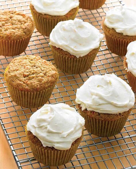 Carrot Cupcakes Recipe | Martha Stewart Living _ We love the blend of spices (cinnamon, ginger, and nutmeg) in these knockout cupcakes, as well as their moist, tender crumb. Martha Stewart Carrot Cake, Frosting For Carrot Cake, Beer Desserts, Carrot Cake Cream Cheese Frosting, Basic Cupcakes, Root Beer Cupcakes, Martha Stewart Cupcakes, Carrot Cake Cream Cheese, Cake Cream Cheese Frosting