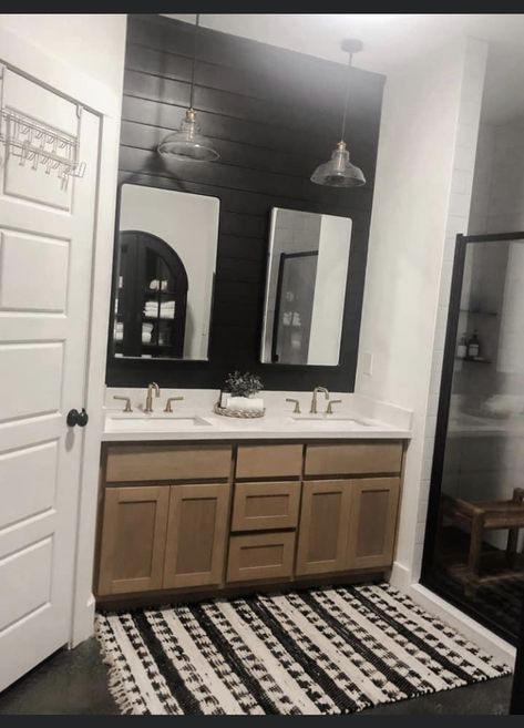 Bathroom Ideas With Black Tile, Shop With Living Quarters, Black Tile Bathrooms, Shiplap Bathroom, Mobile Home Makeovers, Black White Bathrooms, Boy Bath, Basement Bathroom, Bathroom Update